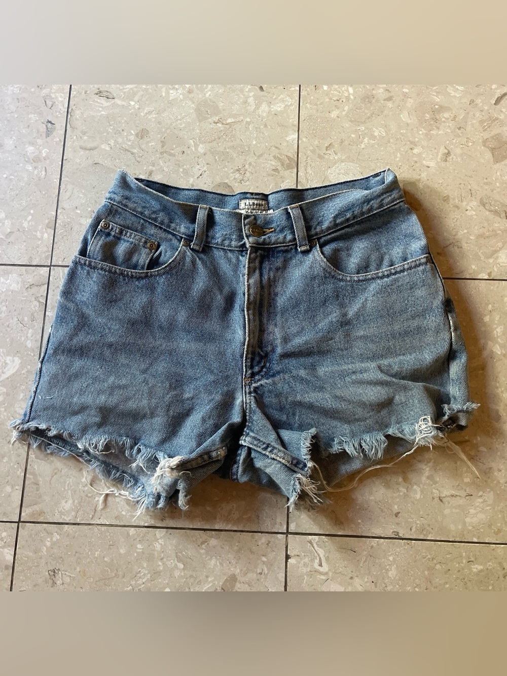 L.L. Bean Distressed Frayed Hem Denim Shorts - Light Blue